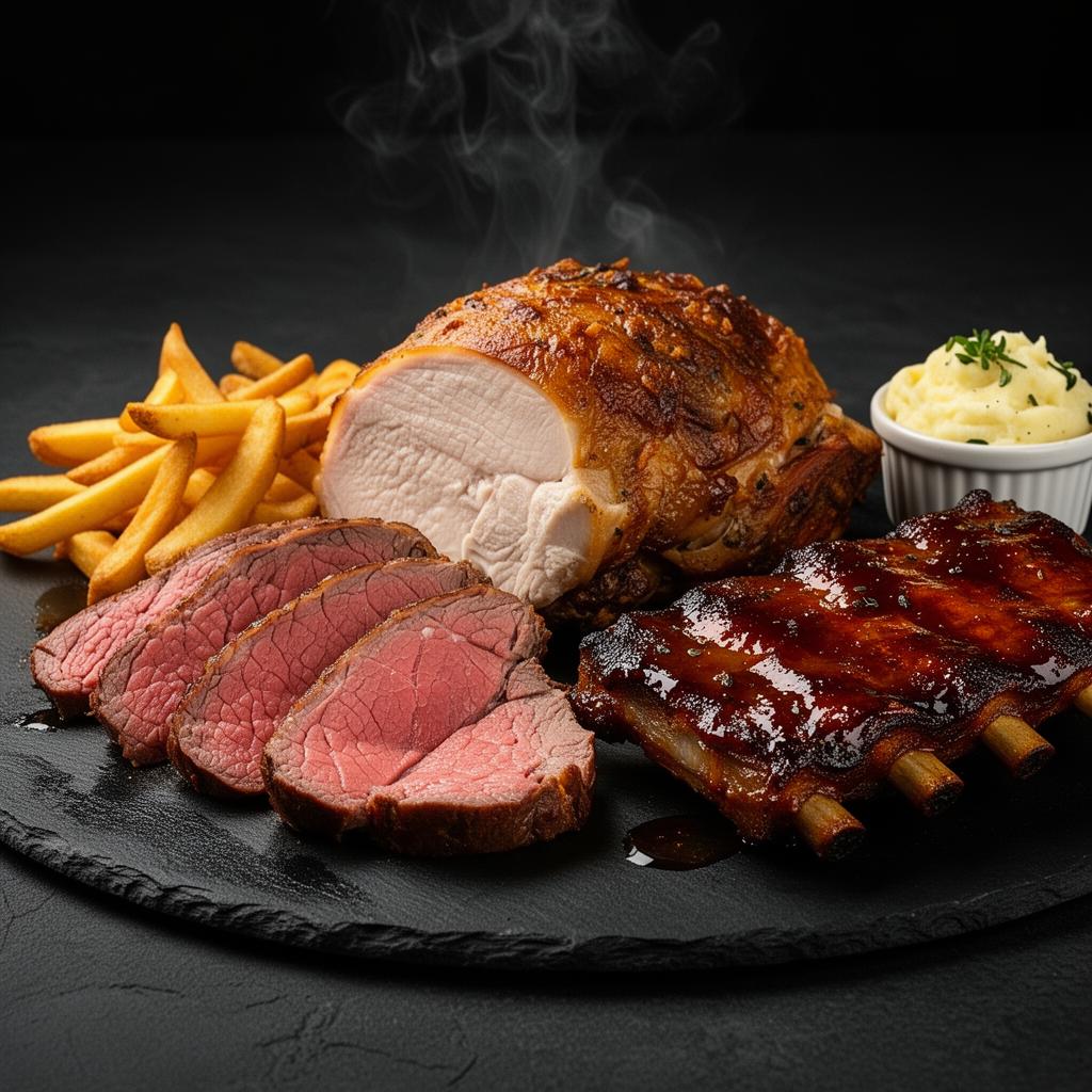 Carved roast beef, turkey, spare ribs og pommes frites